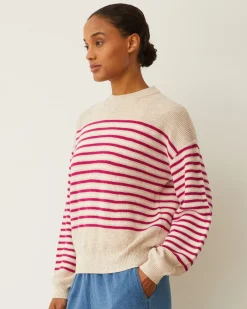 MONROW Wool Cashmere Stripe Sweater OATMEAL/FUCHSIASTRIPE Online